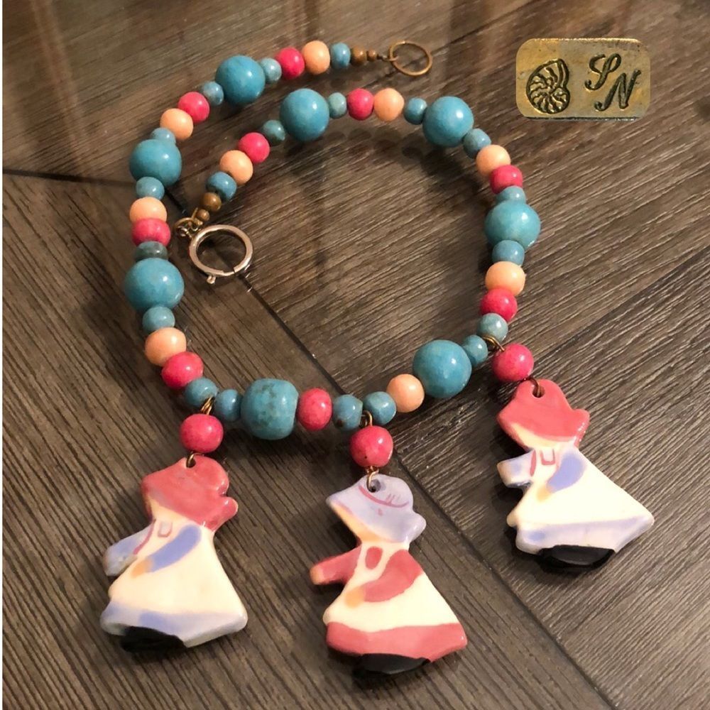 Vintage Ceramic Bead Necklace With Prairie Girls / Holly Hobbie 1980’s